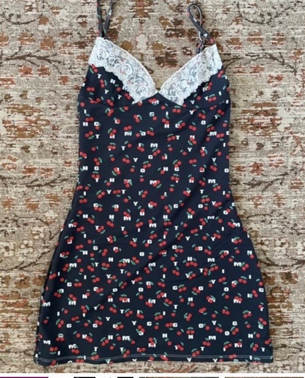 O-Mighty Cherry Monogram Cami Tank Dress Stretch Sexy Goth Lace Trim Sz Sm